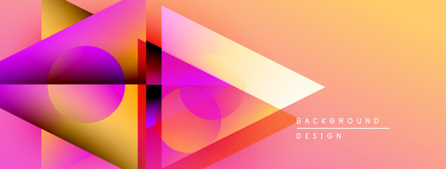 Abstract geometric shapes overlap, creating vibrant gradients. Orange, pink, purple hues dominate design. Modern aesthetic.