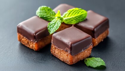 A close-up of chocolate-covered dessert squares garnished with fresh mint leaves on a dark surface.