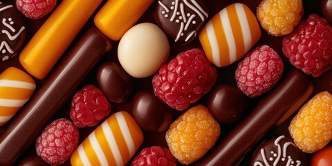 A colorful assortment of chocolates and candies featuring various shapes, textures, and vibrant colors.