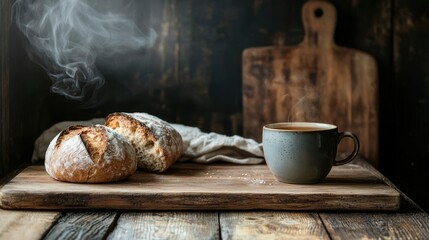A warm, rustic wooden kitchen countertop with fresh-baked bread and a steaming mug of tea