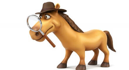 Cartoon horse detective with magnifying glass