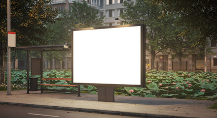 Fototapeta premium Blank billboard at a bus stop in a city with lotus pond