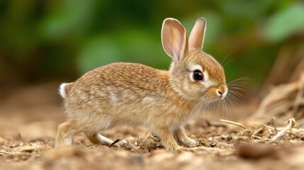 Fototapeta premium Baby wild rabbit in Springtime, just about to leave the safety of the rabbit warren, alert and facing right. Close up. Scientific name: Oryctolagus cuniculus. Space for copy