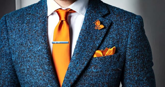 Stylish man in a blue tweed suit with an orange tie and pocket square, showcasing modern fashion