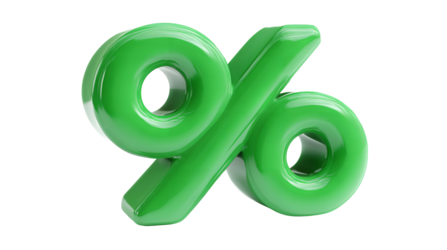 Glossy green percentage sign rendered in 3D on black promoting financial on transparent background