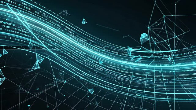 Abstract digital wave with binary code and geometric shapes on a dark background, symbolizing technology