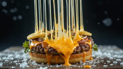 Biting into cheeseburger with gooey cheese stretch, captured in dramatic freeze
