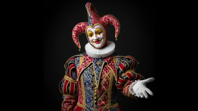 Portrait of a jester wearing elaborate historical costume with makeup and ruff collar on dark background.