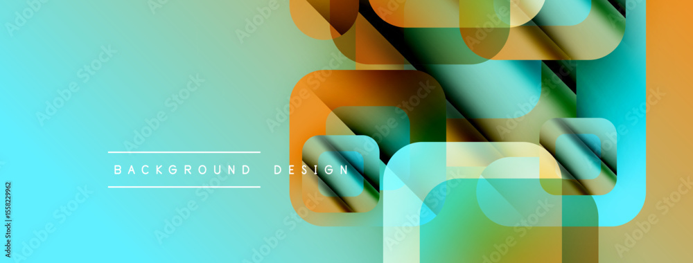Poster abstract geometric shapes overlap, creating vibrant color gradients. turquoise, orange, green hues d