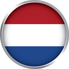 round icon of netherlands national flag with horizontal red, white, and blue tricolor in glossy circle design

