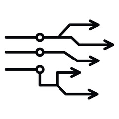 Minimalist vector illustration of circuit-style arrows symbolizing data flow and signal direction in digital systems. Data flow icon. Digital arrow vector. AI signal path. Technology circuit arrows.