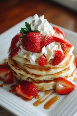 A stack of fluffy pancakes, adorned with fresh strawberries, whipped cream, and a drizzle of maple syrup