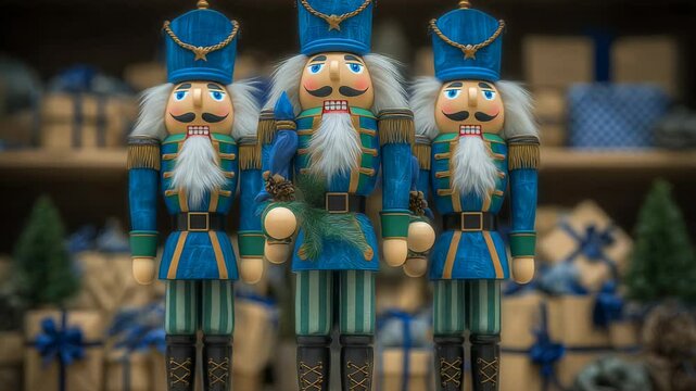 Three nutcrackers in blue uniforms