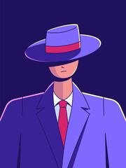 A mysterious man in a stylish suit and hat, exuding an air of enigmatic and unknown. Perfectly tailored illustration of a modern man, full of curiosity and sophistication.