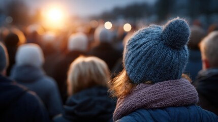 People enjoying a winter gathering, wearing warm clothing and hats, as a soft warm light shines from the background, creating a festive and intimate atmosphere during the evening