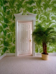 White door on a foliage wall banner
