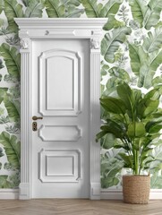 White door on a foliage wall banner