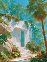 White door on a foliage wall banner