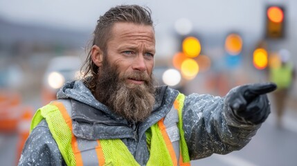 construction worker stands in the rain, wearing a reflective jacket and gloves, directing traffic with a focused expression while traffic lights illuminate the wet street in an urban setting