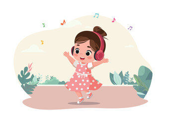 vector illustration of kid listening to music outdoors with park background