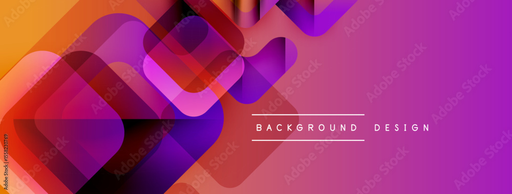 Poster abstract geometric shapes overlap, creating vibrant gradient effect. pink, purple, orange hues domin