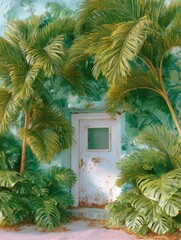 White door on a foliage wall banner