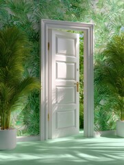 White door on a foliage wall banner