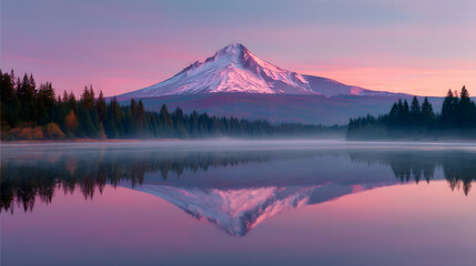 Naklejka premium Serene Mountain Vista: The majestic peak, kissed by the first light of dawn, casts a perfect reflection in the calm lake, while evergreen trees frame this tranquil landscape.