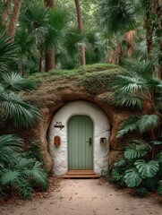 White door on a foliage wall banner