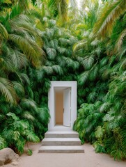 White door on a foliage wall banner