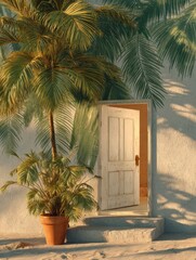 White door on a foliage wall banner