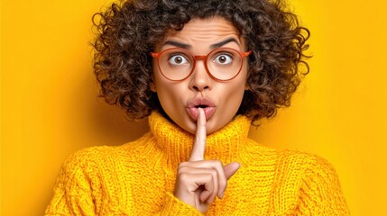 woman with curly hair and glasses holds her finger to her lips, signaling for quiet. She wears a cozy yellow sweater, creating a vibrant contrast with the background