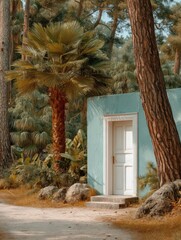 White door on a foliage wall banner
