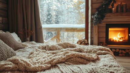 A winter-themed bedroom with a fireplace and knitted blankets