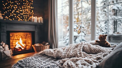 A winter-themed bedroom with a fireplace and knitted blankets