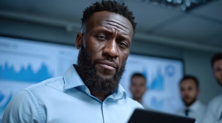 group of business professionals engage in a data presentation meeting in a modern office setting. One individual holds a tablet, displaying key insights, as colleagues listen attentively