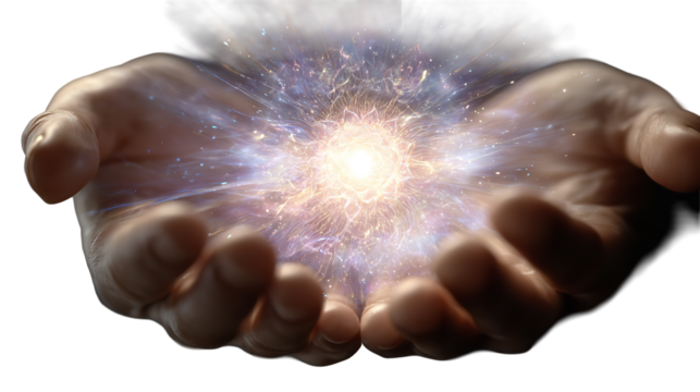 Holding Light Energy Cosmic Power in Hands Spiritual Connection Healing on transparent background