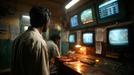 Fototapeta premium Individuals monitor various screens in a control room, focusing on real-time statistics and information. dim lighting creates a serious atmosphere as they manage tasks late at night