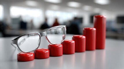 collection of red bar graph segments displaying growth sits next to a pair of glasses in a contemporary office environment during business hours, symbolizing analytics and progress
