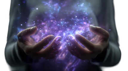 Hands holding galaxy light spiritual energy magic mystical concept digital on transparent background