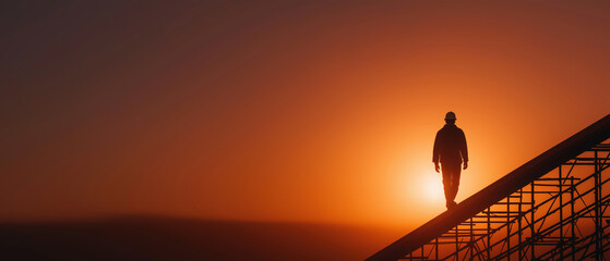 Man walking towards sunset on stairs outdoor inspirational view