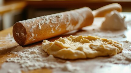 A wooden rolling pin flattening dough on a floured countertop, ready for baking