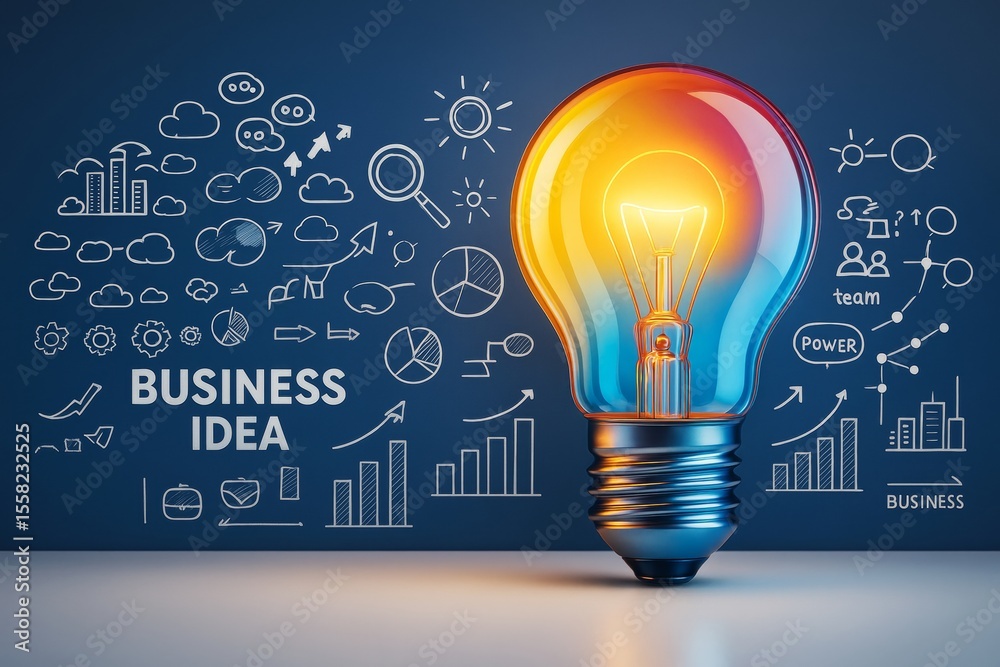 Poster bright light bulb symbolizing a business idea on dark blue background with abstract charts, graphs, 
