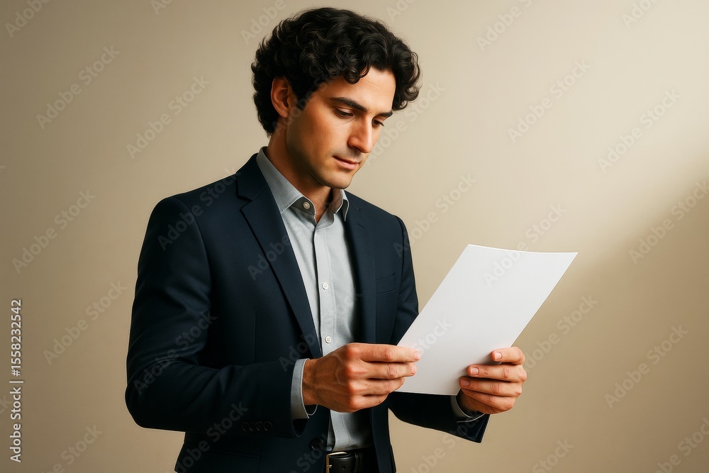 Poster businessman reading document with focused expression in formal attire, beige background, corporate c
