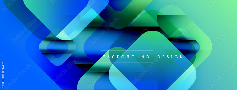 Poster abstract geometric shapes overlap, creating vibrant blue, green gradients. modern design elements su