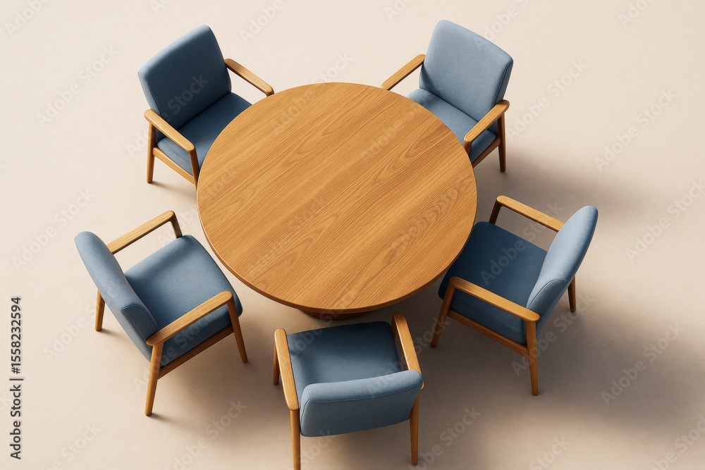 Poster minimalist wooden round table with five blue cushioned chairs in modern business setting on light be