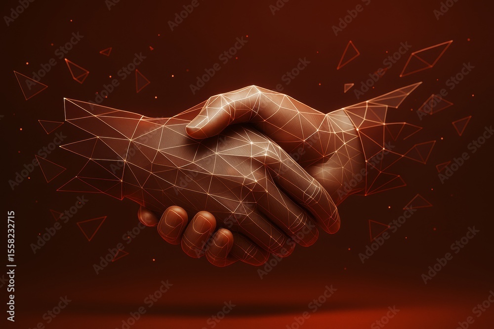 Aufkleber Digital handshake symbolizing modern business collaboration and technology integration with polygonal network design on dark background.