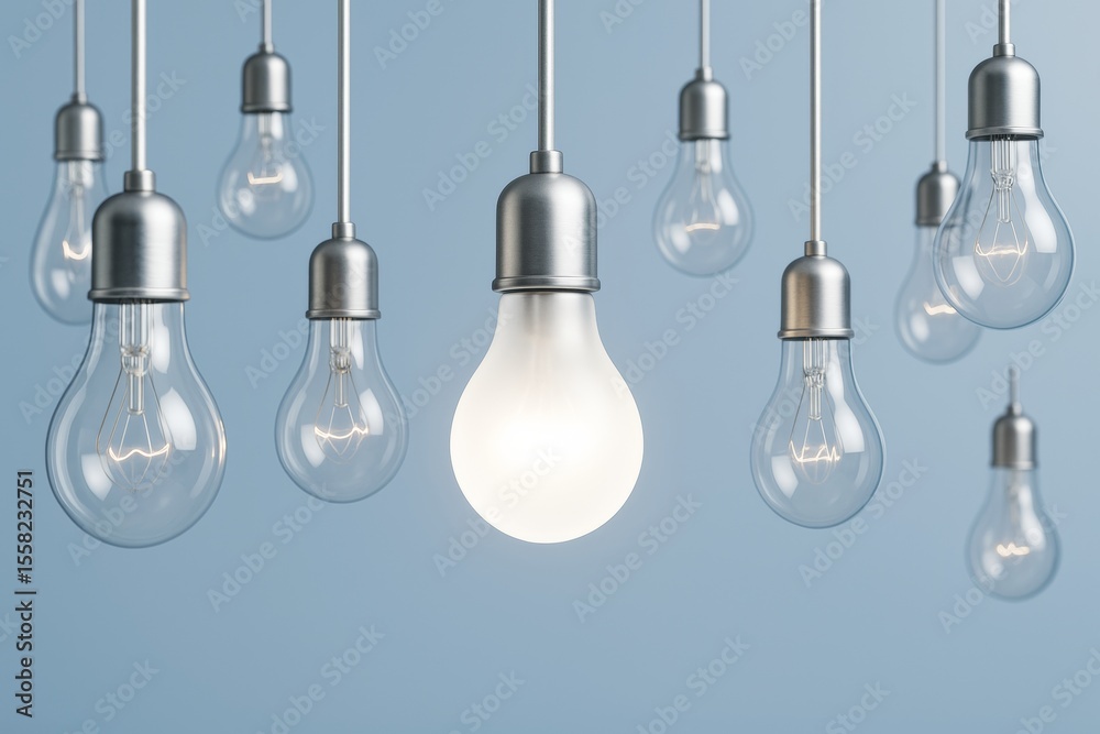 Poster Hanging light bulbs with one illuminated in the center on a soft blue background representing innovation and creativity in business concepts.