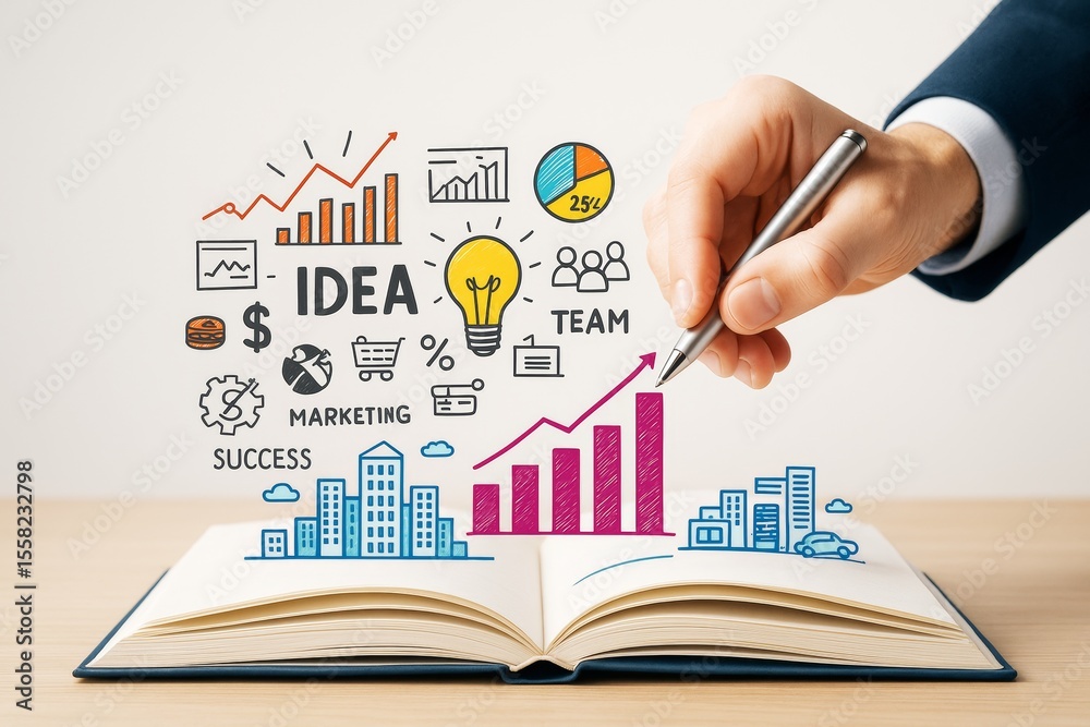 Poster business strategy concept with hand drawing marketing icons, bar charts, and idea elements over open
