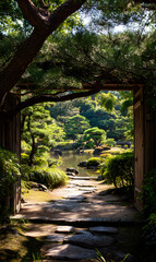 Serene zen garden view through a wooden gate showcasing lush greenery and tranquil water element harmony